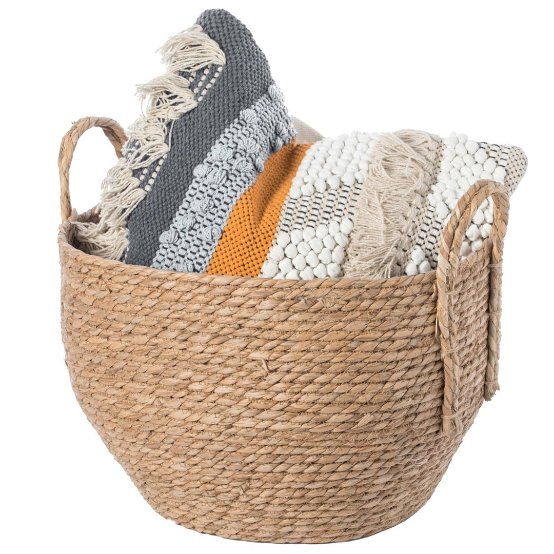 Decorative Round Wicker Woven Rope Storage Blanket Basket with Braided Handles Image 1