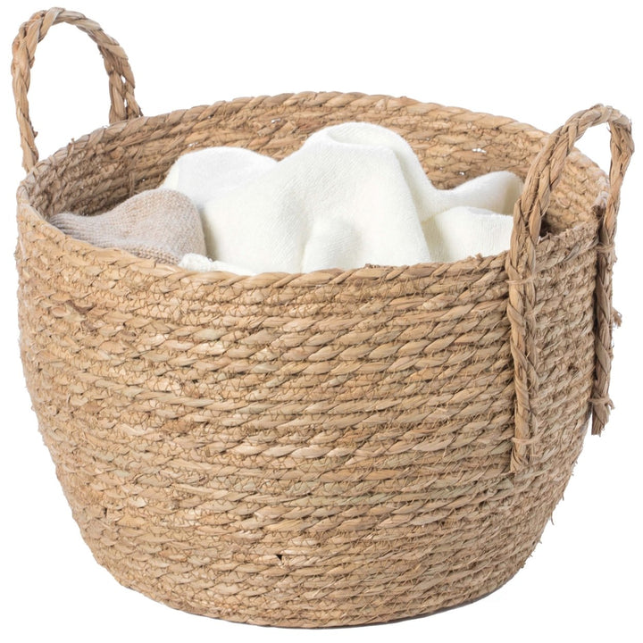 Decorative Round Wicker Woven Rope Storage Blanket Basket with Braided Handles Image 10