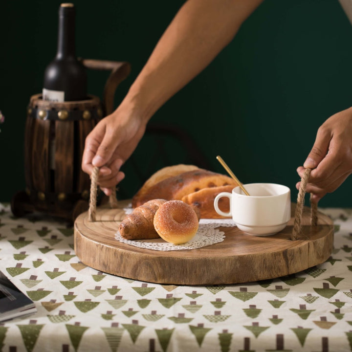 Wood Round Tray Serving Platter Board with Rope Handles Image 2