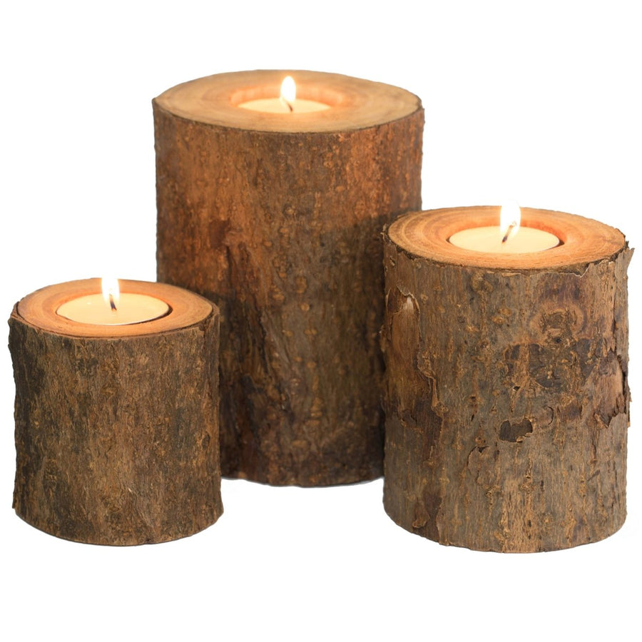 Bark Wooden Pillar Tree Stump Candle Holder Set of 3 Rustic Image 1