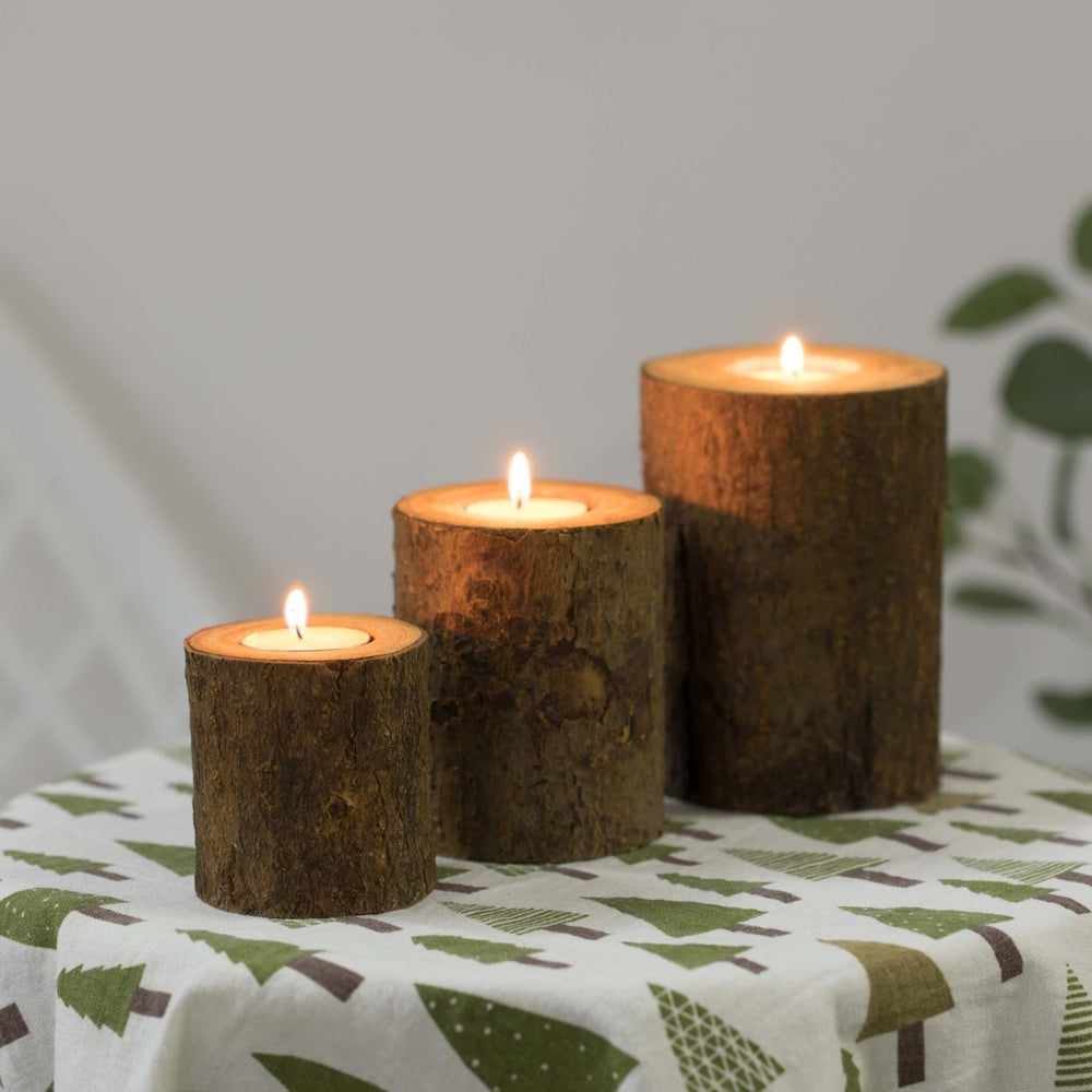 Bark Wooden Pillar Tree Stump Candle Holder Set of 3 Rustic Image 2