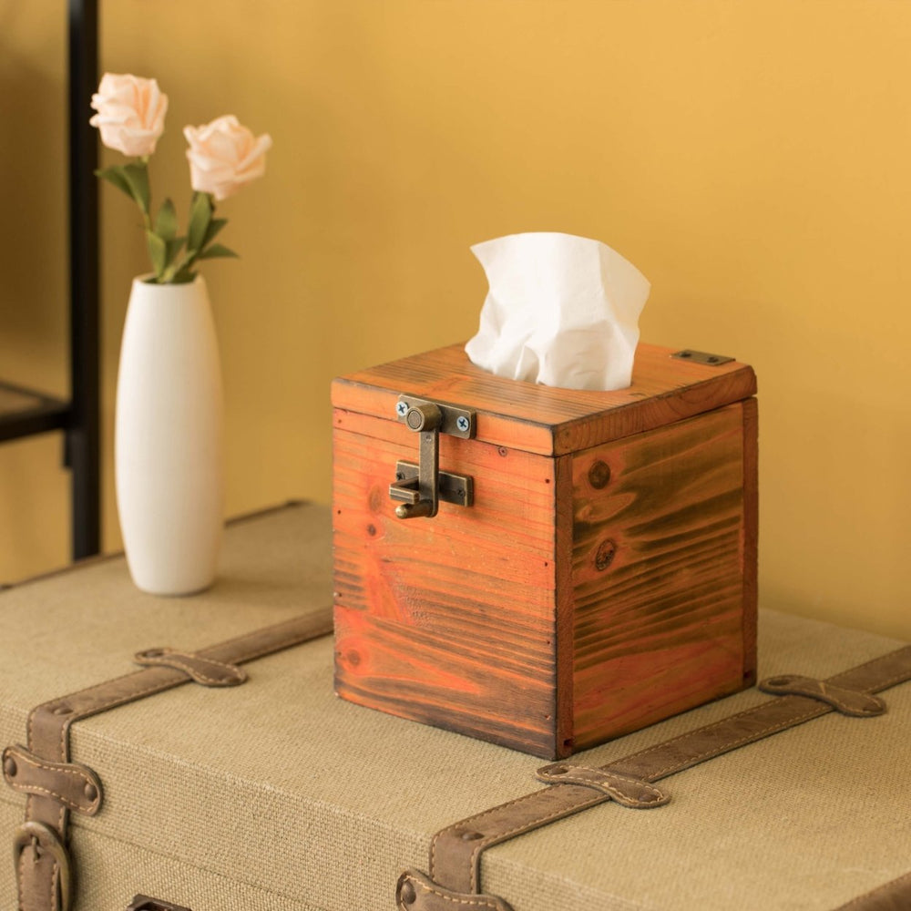 Square Wooden Rustic Lockable Tissue Box Cover Holder Image 2