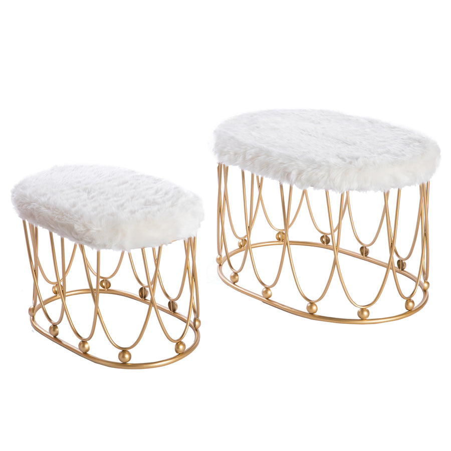 Set of 2 Gold Metal Side Accent Table Stools with White faux Top Seat Image 1