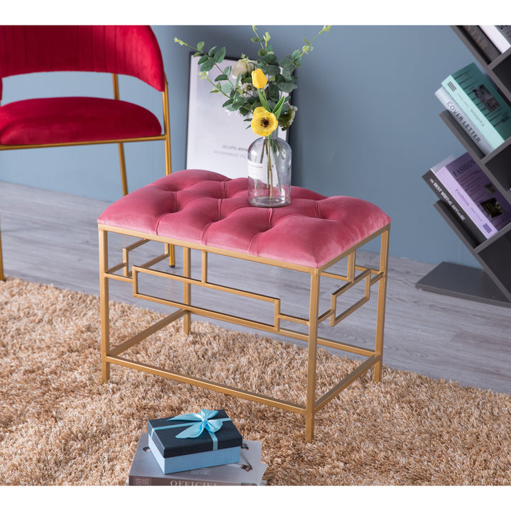 Pink Velvet Tufted Stool with Gold Metal Legs Modern Accent Furniture 20 inch Image 2