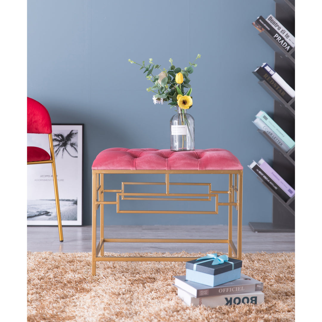 Pink Velvet Tufted Stool with Gold Metal Legs Modern Accent Furniture 20 inch Image 3