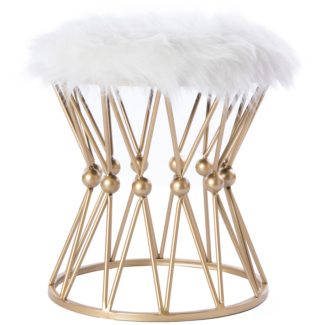 Gold Metal Vanity Stool with White Faux faux Seat Decorative Side Table Image 1