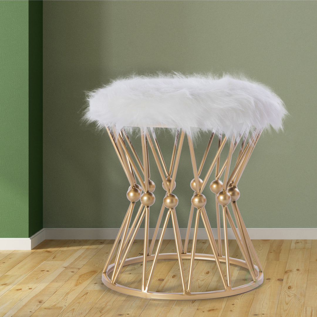 Gold Metal Vanity Stool with White Faux faux Seat Decorative Side Table Image 2