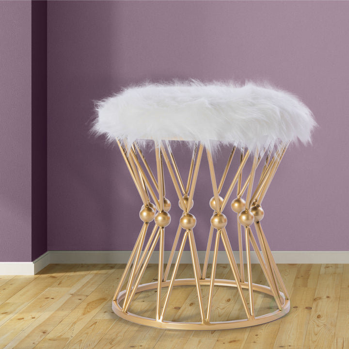 Gold Metal Vanity Stool with White Faux faux Seat Decorative Side Table Image 3