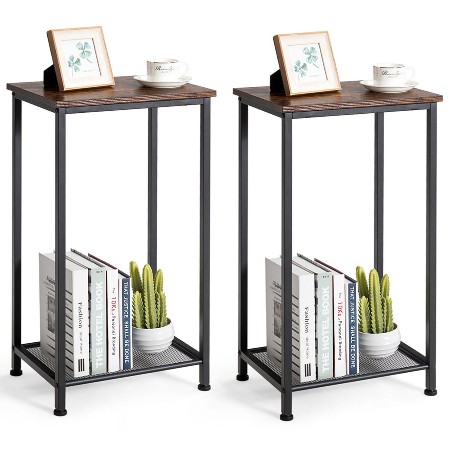 Set of 2 2-Tier Industrial Side End Accent Telephone Table w/ Mesh Shelf Image 1