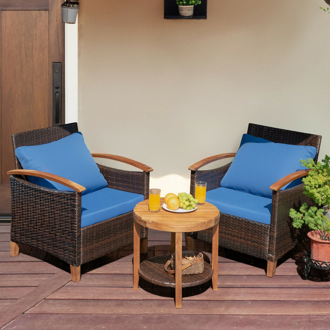 3PCS Patio Wicker Rattan Conversation Set Outdoor Furniture Set w/ Cushion Image 6