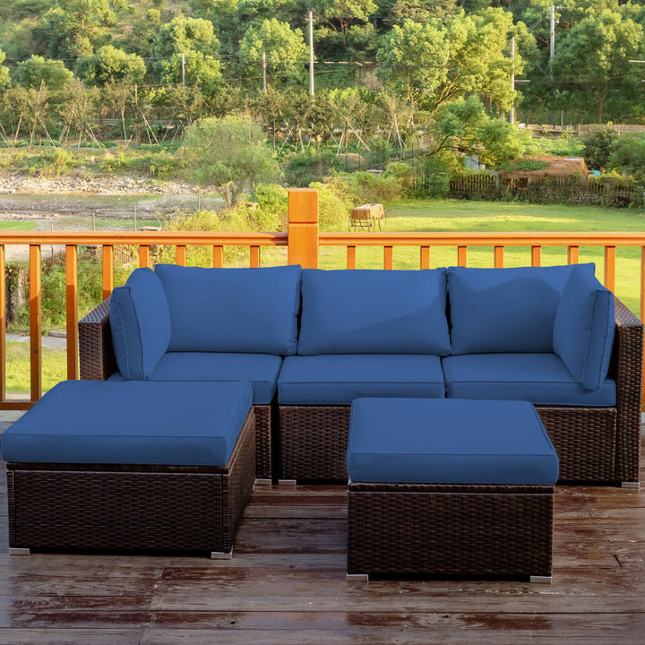 5PCS Rattan Patio Conversation Set Outdoor Furniture Set w/ Ottoman Navy Cushion Image 1