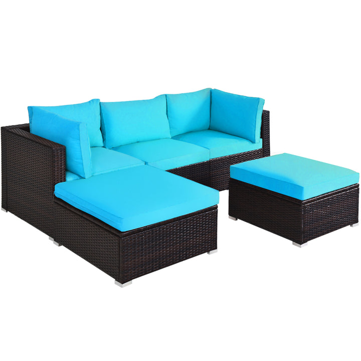 5PCS Cushioned Rattan Patio Conversation Set Outdoor Furniture Set w/ Ottoman Image 2