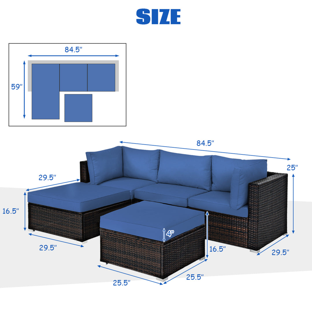 5PCS Rattan Patio Conversation Set Outdoor Furniture Set w/ Ottoman Navy Cushion Image 6