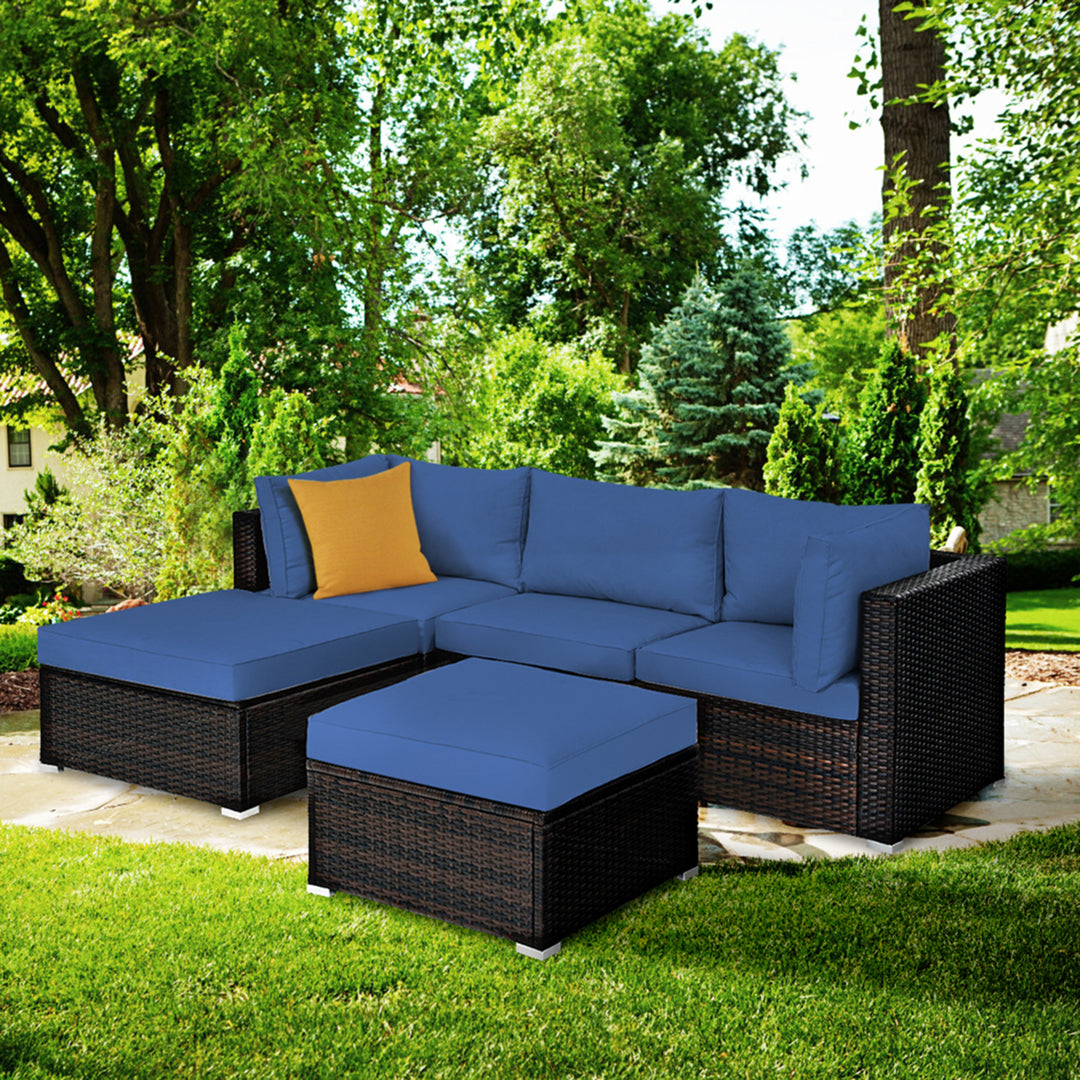 5PCS Rattan Patio Conversation Set Outdoor Furniture Set w/ Ottoman Navy Cushion Image 3