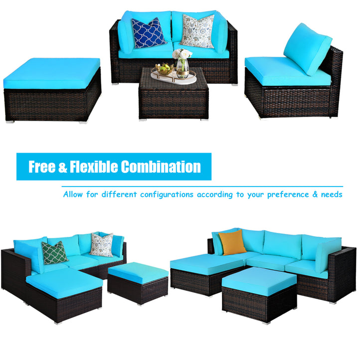 5PCS Cushioned Rattan Patio Conversation Set Outdoor Furniture Set w/ Ottoman Image 8