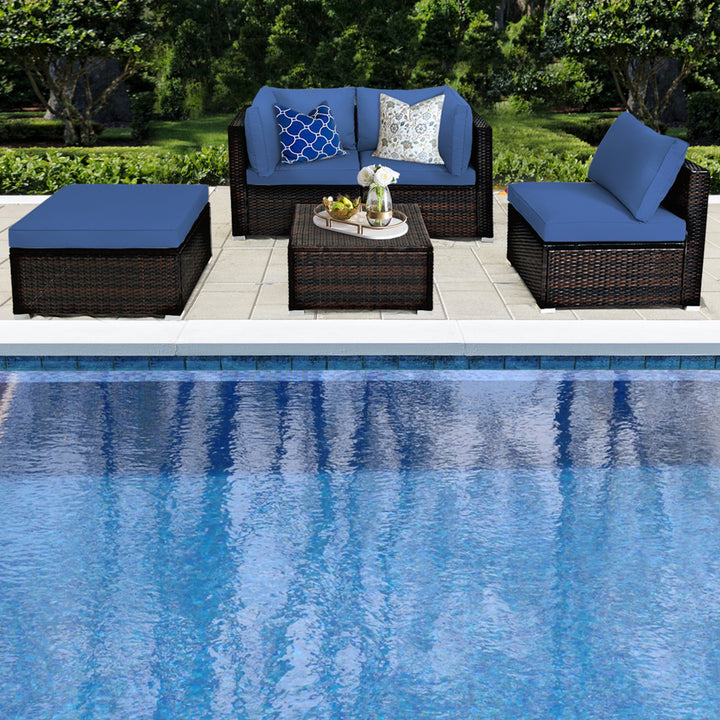 5PCS Rattan Patio Conversation Set Outdoor Furniture Set w/ Ottoman Navy Cushion Image 5