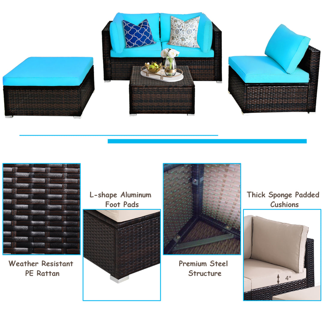 5PCS Cushioned Rattan Patio Conversation Set Outdoor Furniture Set w/ Ottoman Image 10