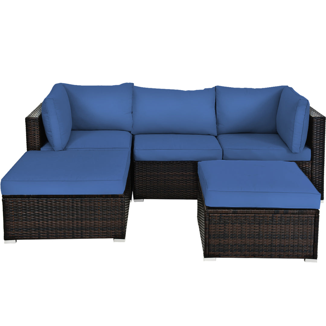 5PCS Rattan Patio Conversation Set Outdoor Furniture Set w/ Ottoman Navy Cushion Image 2