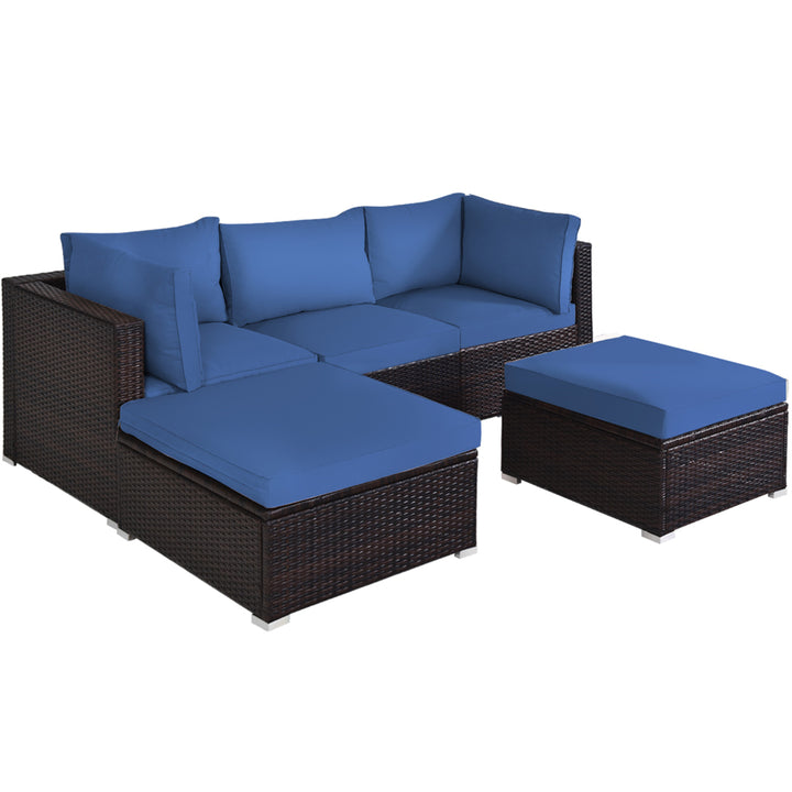 5PCS Rattan Patio Conversation Set Outdoor Furniture Set w/ Ottoman Navy Cushion Image 7