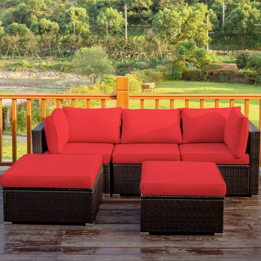 5PCS Rattan Patio Conversation Set Outdoor Furniture Set w/ Ottoman Red Cushion Image 1