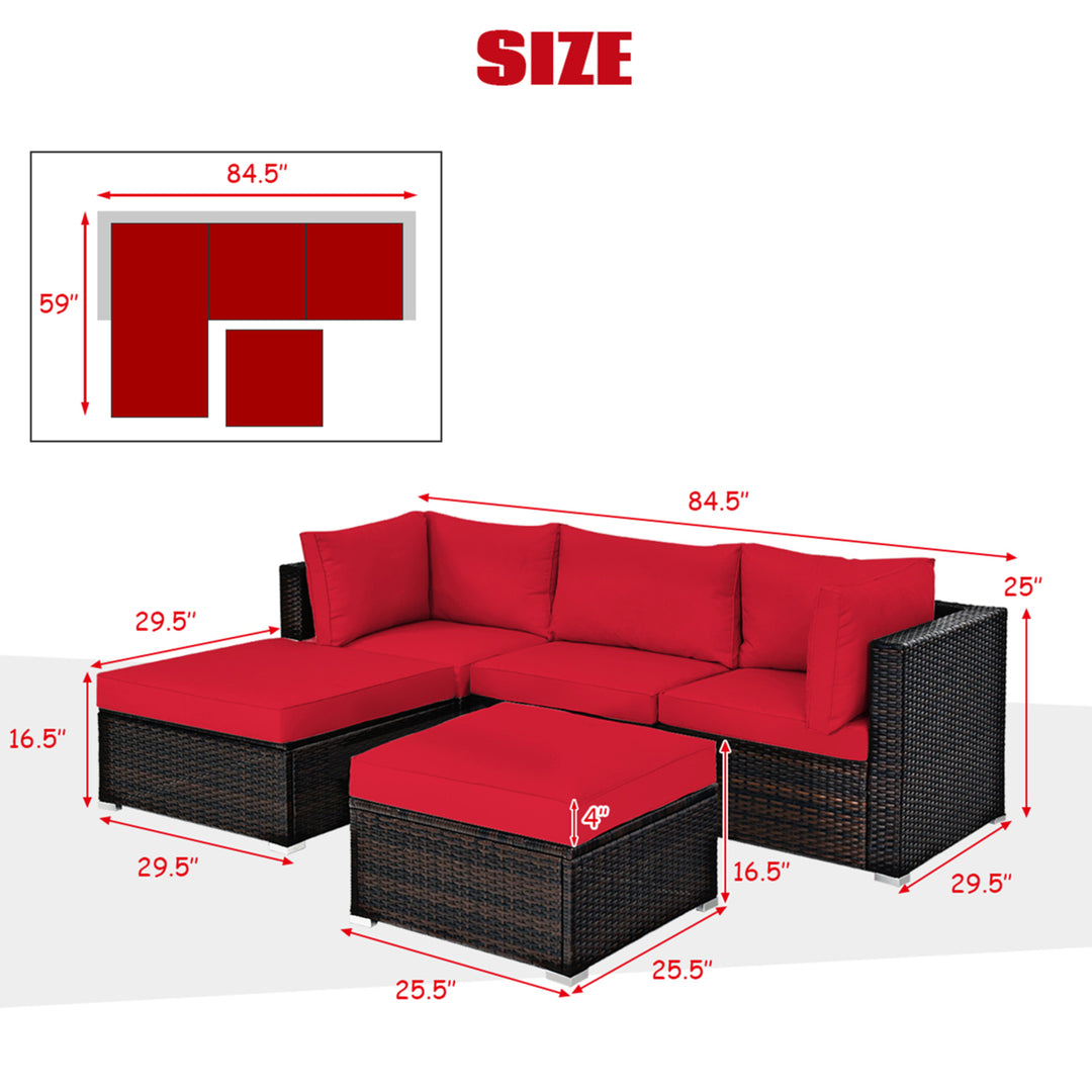 5PCS Rattan Patio Conversation Set Outdoor Furniture Set w/ Ottoman Red Cushion Image 6