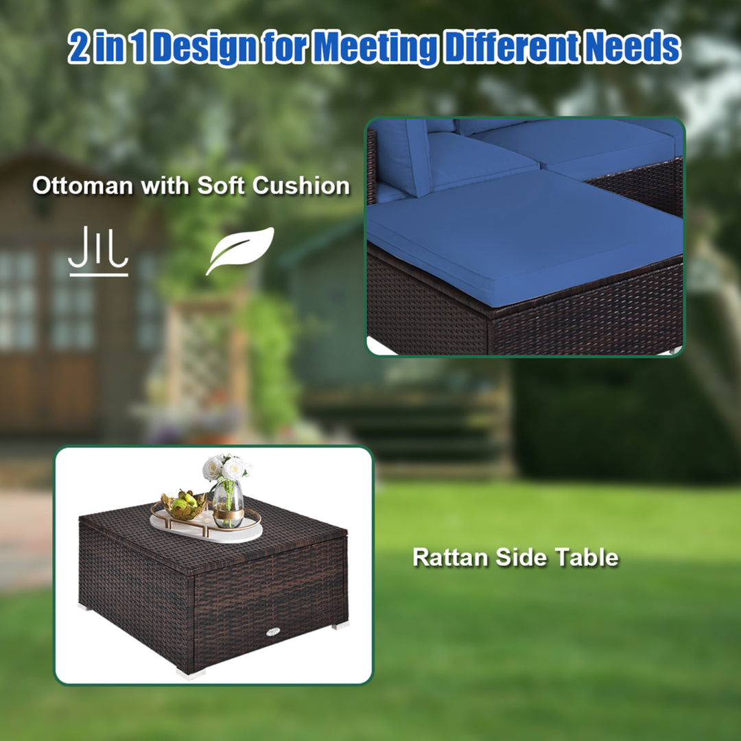 5PCS Rattan Patio Conversation Set Outdoor Furniture Set w/ Ottoman Navy Cushion Image 8