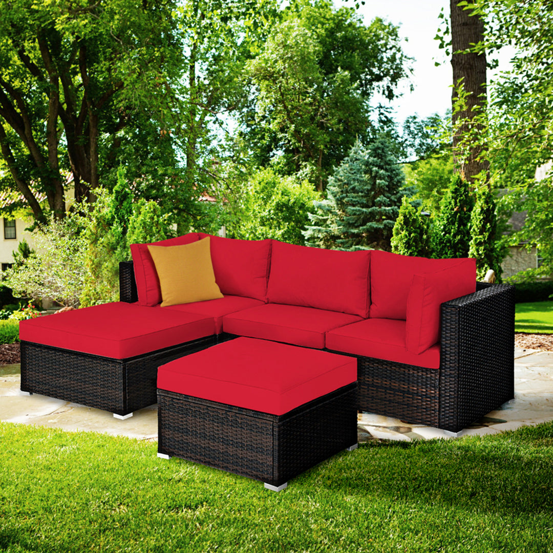 5PCS Rattan Patio Conversation Set Outdoor Furniture Set w/ Ottoman Red Cushion Image 3