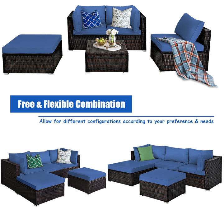 5PCS Rattan Patio Conversation Set Outdoor Furniture Set w/ Ottoman Navy Cushion Image 9