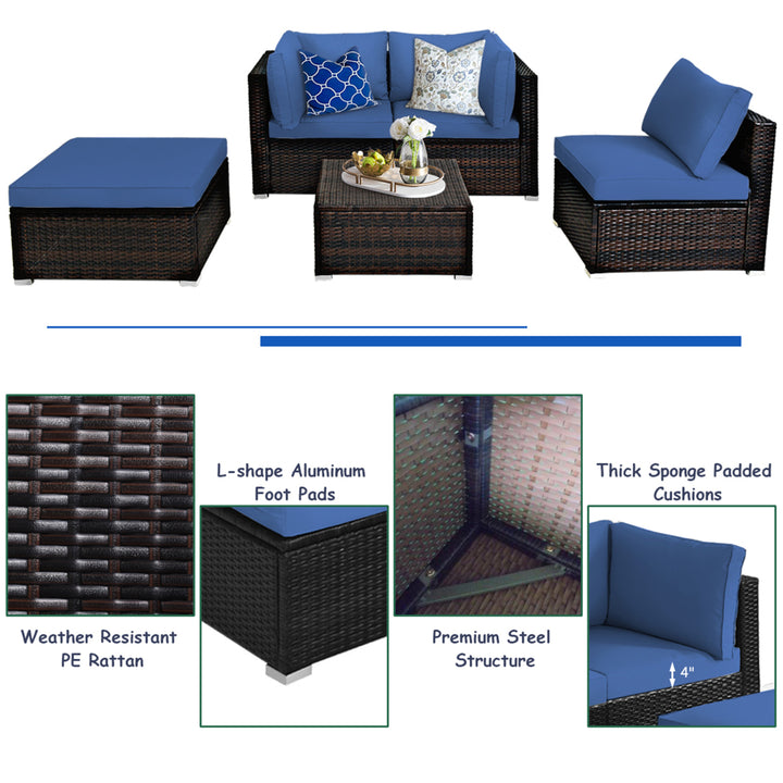 5PCS Rattan Patio Conversation Set Outdoor Furniture Set w/ Ottoman Navy Cushion Image 10