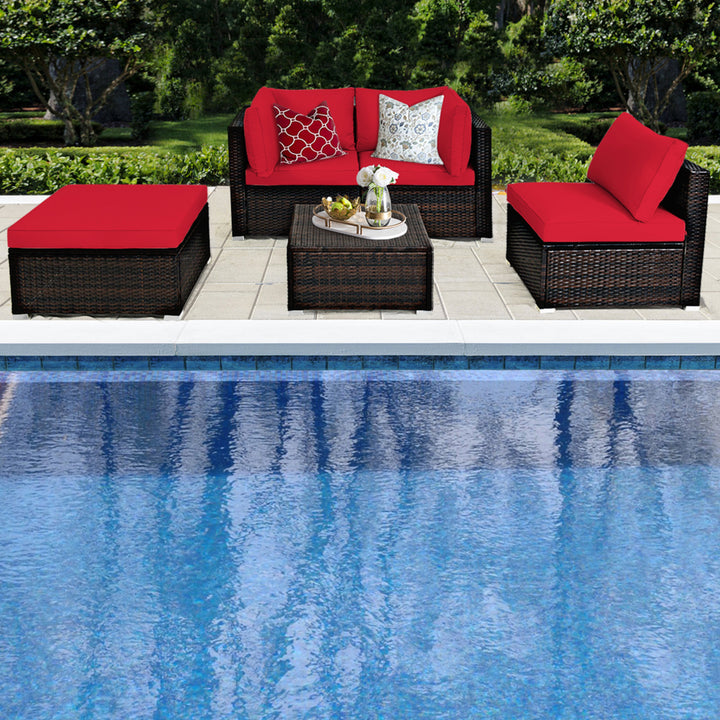 5PCS Rattan Patio Conversation Set Outdoor Furniture Set w/ Ottoman Red Cushion Image 5