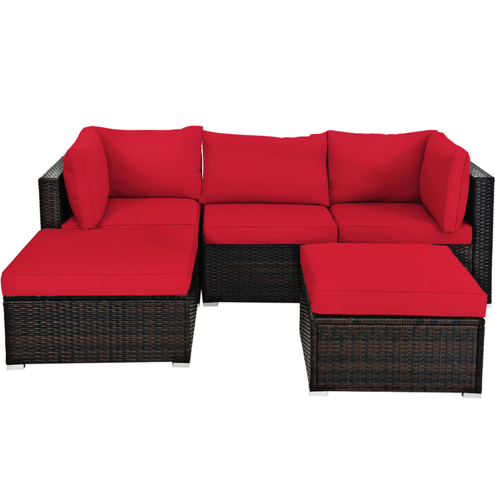 5PCS Rattan Patio Conversation Set Outdoor Furniture Set w/ Ottoman Red Cushion Image 2