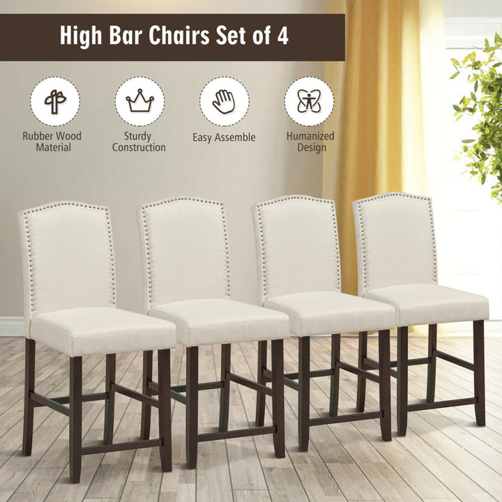 Set of 4 Fabric Barstools Nail Head Trim Counter Height Dining Side Chairs Beige Image 8