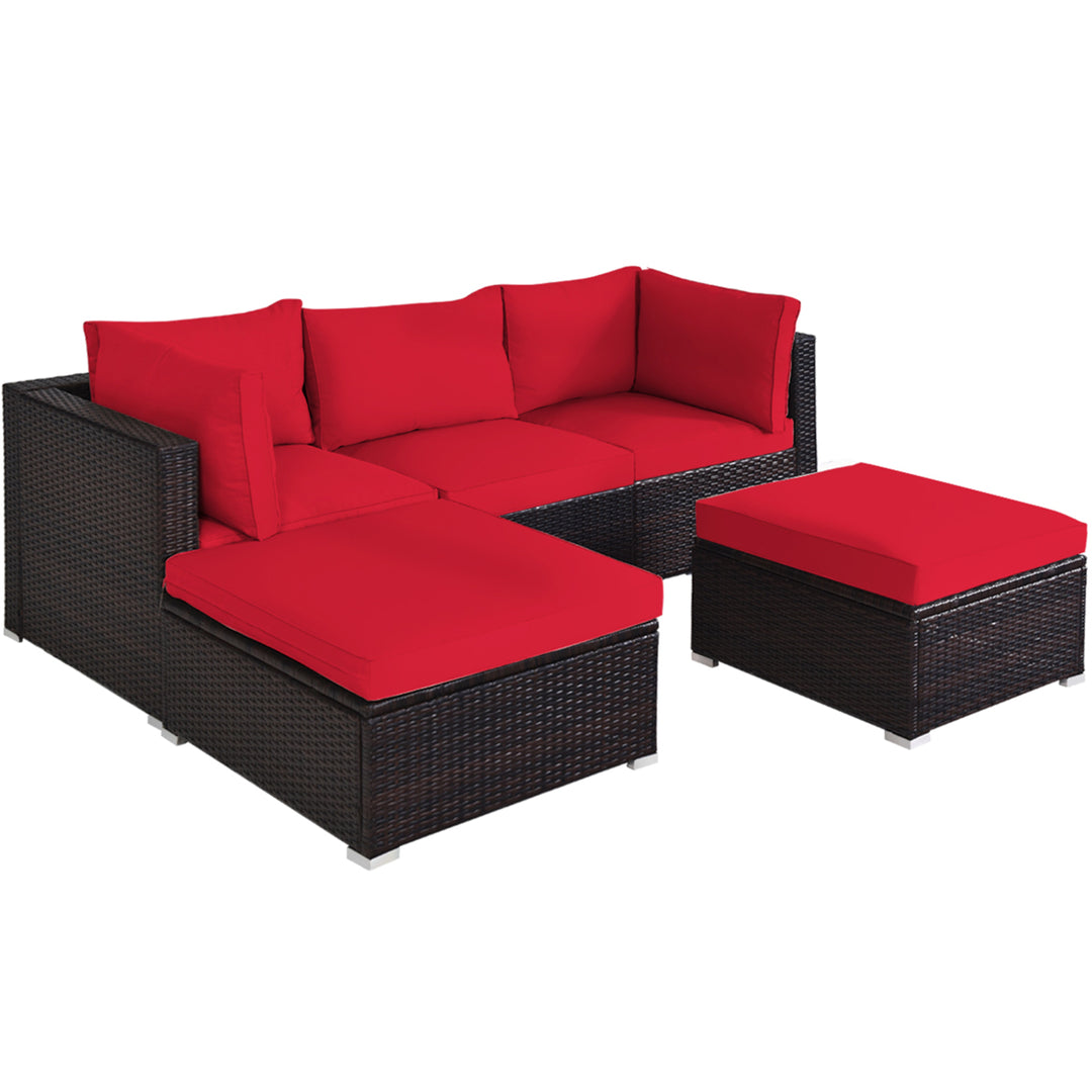 5PCS Rattan Patio Conversation Set Outdoor Furniture Set w/ Ottoman Red Cushion Image 7