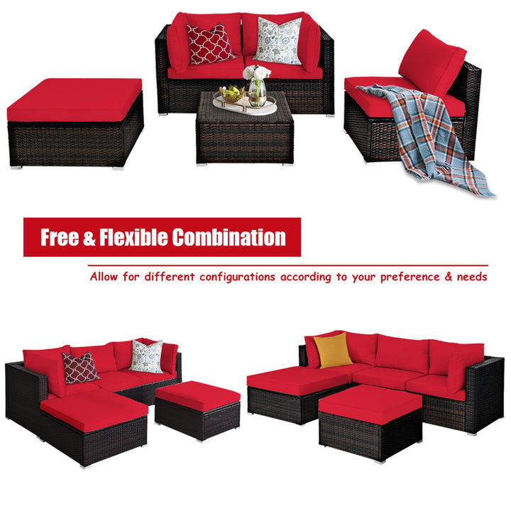 5PCS Rattan Patio Conversation Set Outdoor Furniture Set w/ Ottoman Red Cushion Image 9