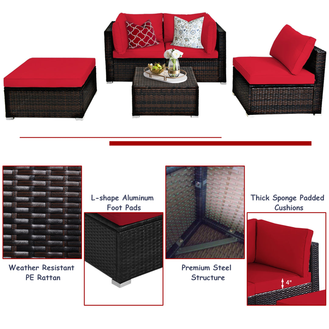 5PCS Rattan Patio Conversation Set Outdoor Furniture Set w/ Ottoman Red Cushion Image 10