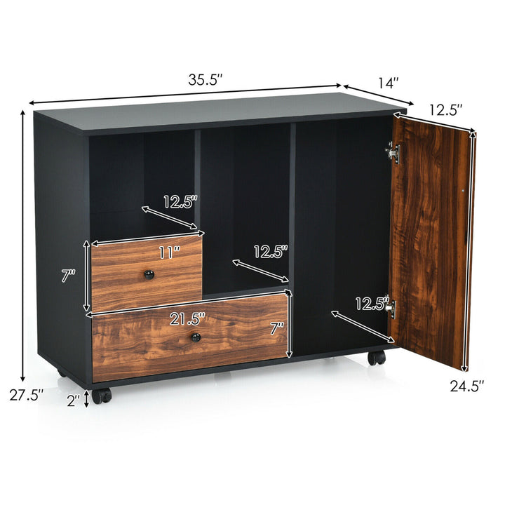 Lateral Mobile Filing Cabinet Large Printer Stand w/2 Drawers Open Shelves Black Image 2