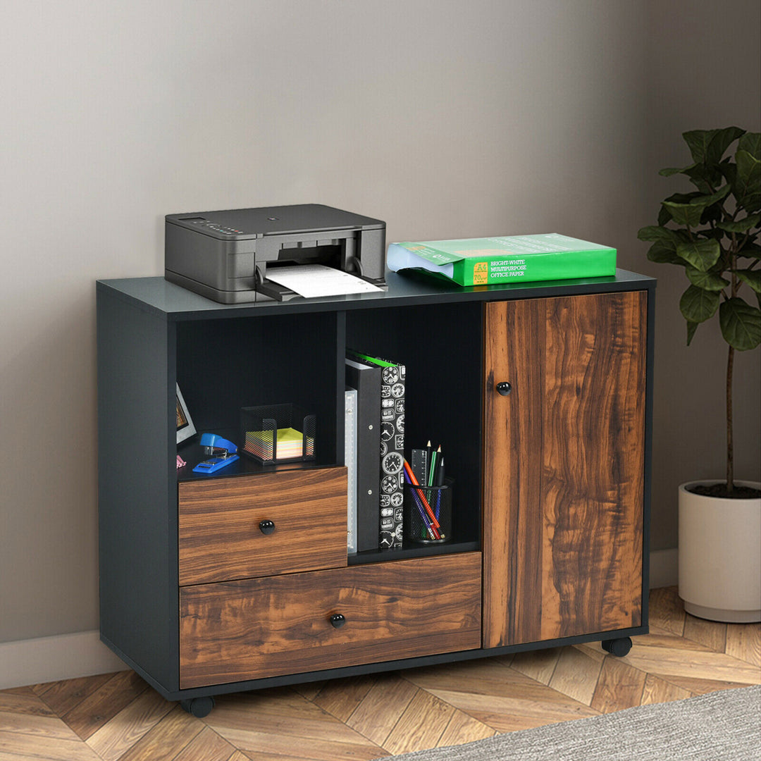 Lateral Mobile Filing Cabinet Large Printer Stand w/2 Drawers Open Shelves Black Image 3