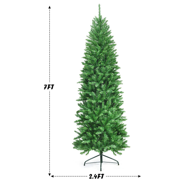 7 ft Pre-lit Pencil Christmas Tree Hinged Fir Tree Holiday Decor w/ LED Lights Image 2