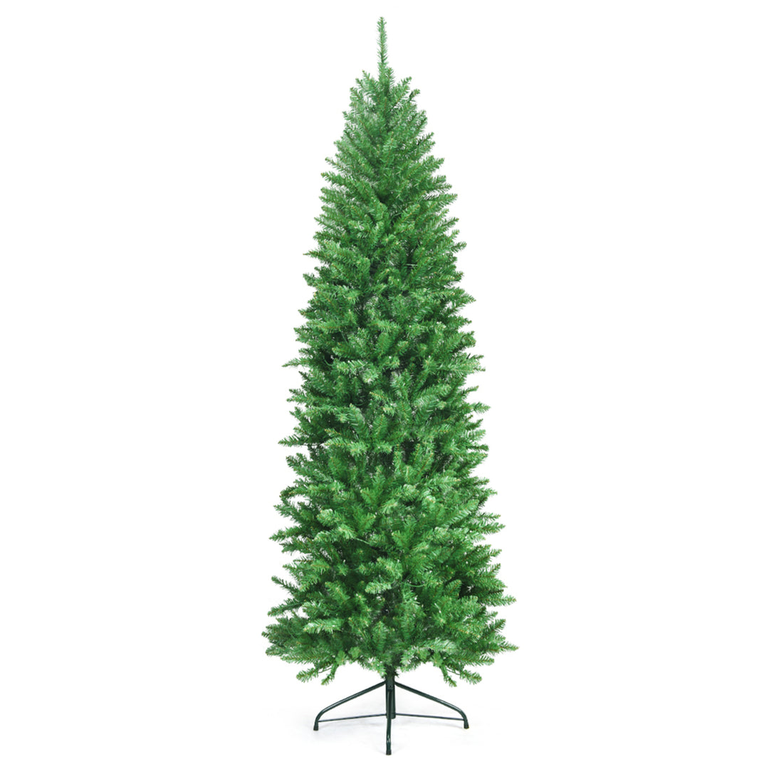 7 ft Pre-lit Pencil Christmas Tree Hinged Fir Tree Holiday Decor w/ LED Lights Image 4