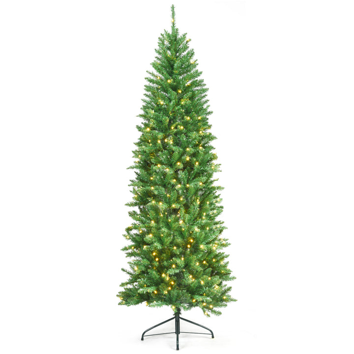 7 ft Pre-lit Pencil Christmas Tree Hinged Fir Tree Holiday Decor w/ LED Lights Image 5