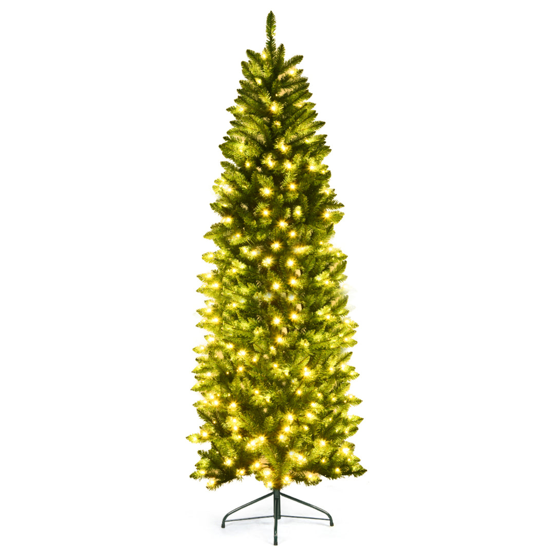 7 ft Pre-lit Pencil Christmas Tree Hinged Fir Tree Holiday Decor w/ LED Lights Image 6