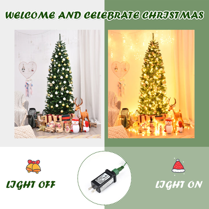 7 ft Pre-lit Pencil Christmas Tree Hinged Fir Tree Holiday Decor w/ LED Lights Image 8