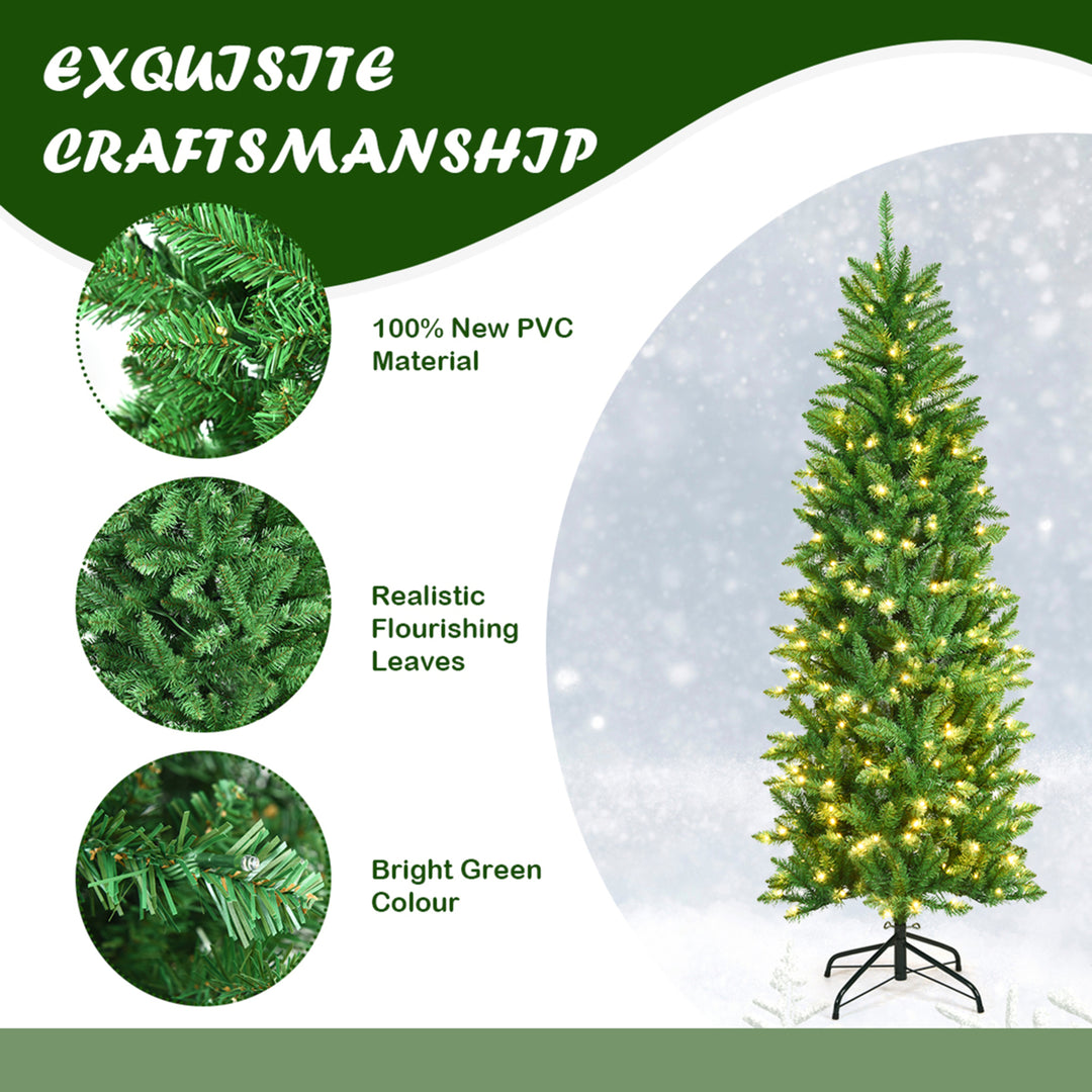 7 ft Pre-lit Pencil Christmas Tree Hinged Fir Tree Holiday Decor w/ LED Lights Image 10