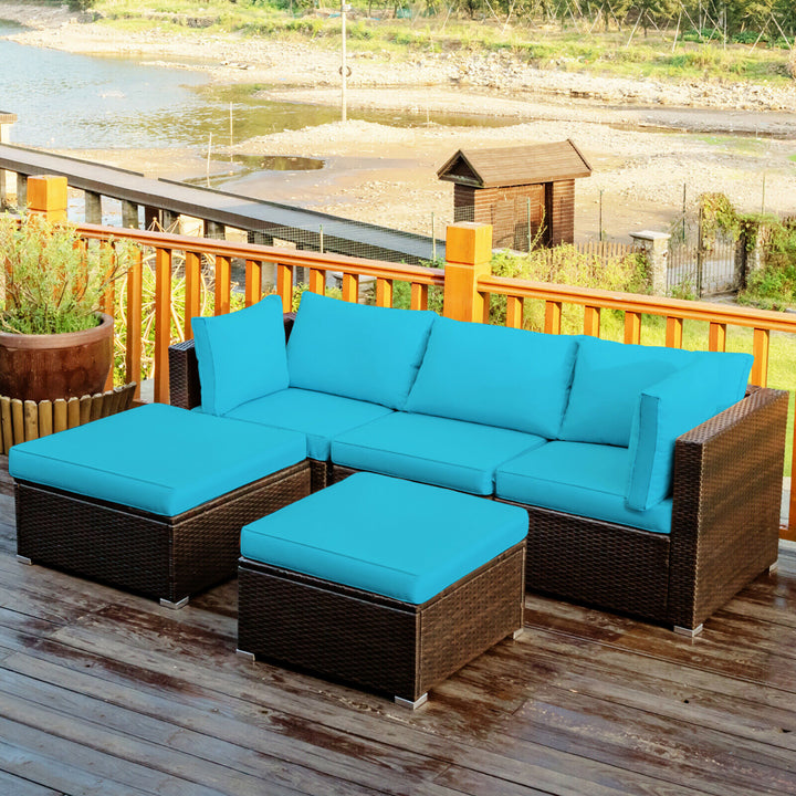 5PCS Patio Rattan Sectional Conversation Set Ottoman Turquoise Image 1