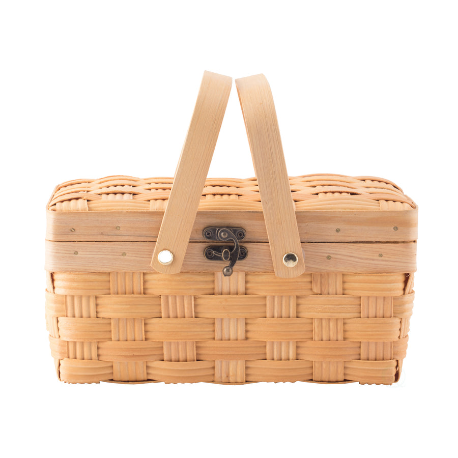 Small Woodchip Picnic Basket with Cover Folding Handles Outdoor Storage Basket Image 1