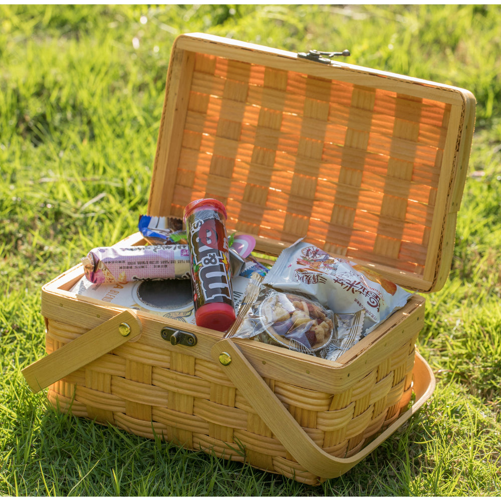 Small Woodchip Picnic Basket with Cover Folding Handles Outdoor Storage Basket Image 2