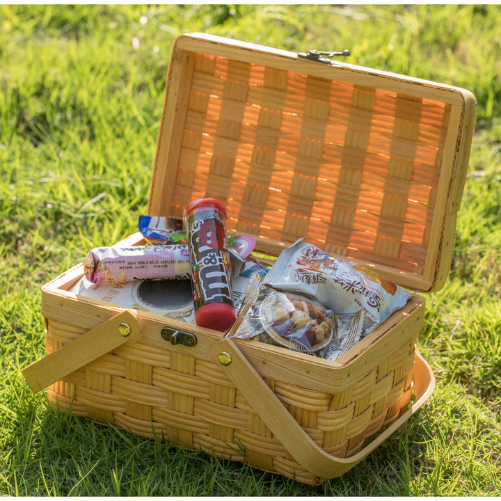 Small Woodchip Picnic Basket with Cover Folding Handles Outdoor Storage Basket Image 2