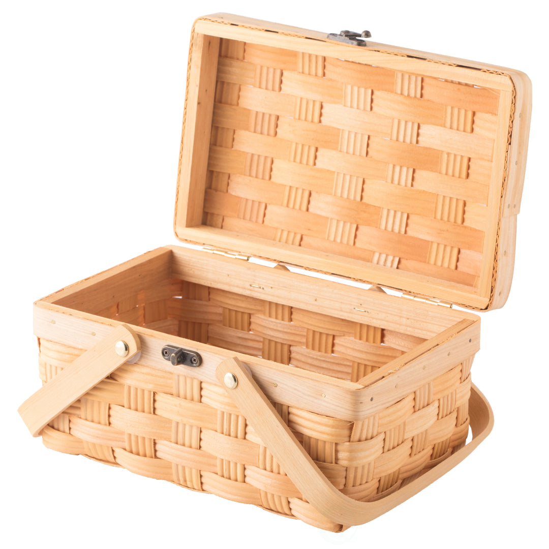 Small Woodchip Picnic Basket with Cover Folding Handles Outdoor Storage Basket Image 3