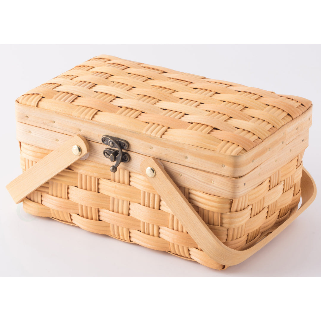 Small Woodchip Picnic Basket with Cover Folding Handles Outdoor Storage Basket Image 4