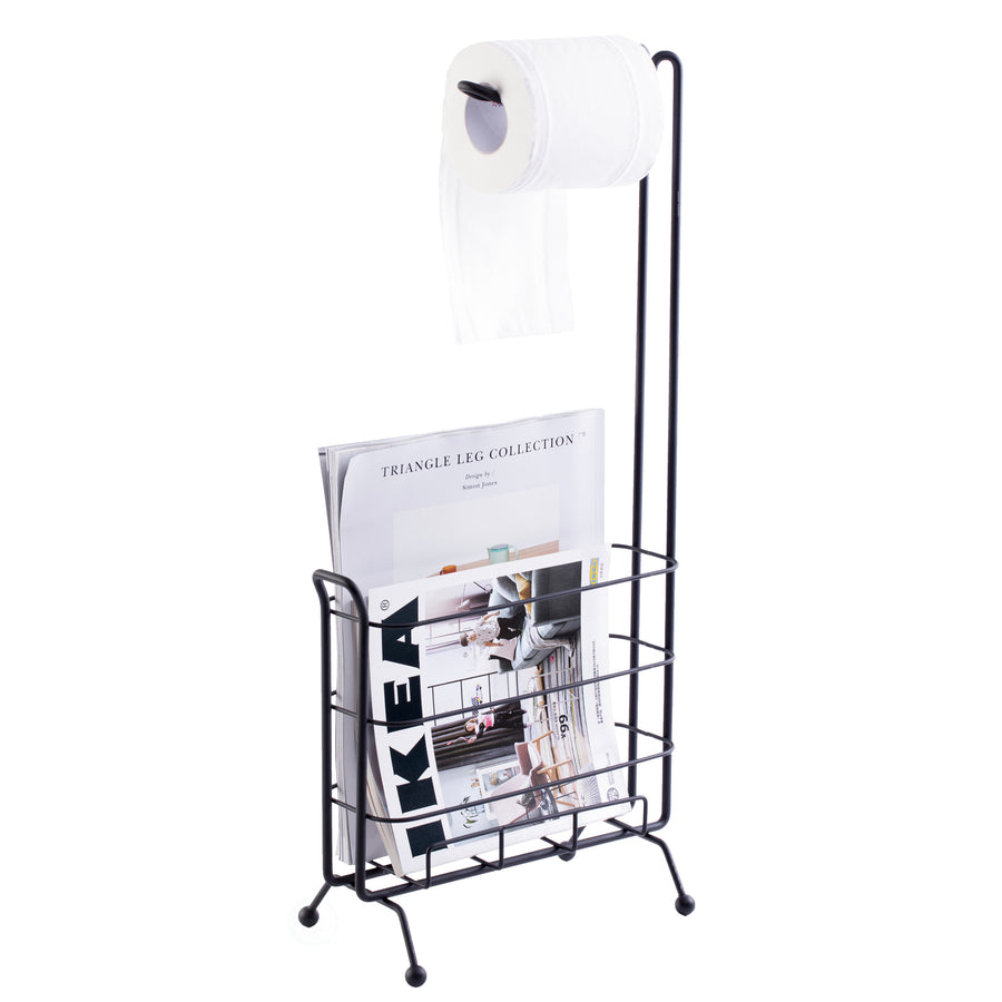 Metal Toilet Paper Holder with Magazine Rack Durable Wired Design Bath Storage Image 1